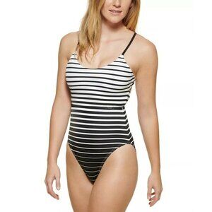 NWT CALVIN KLEIN WRAP ONE-PIECE BLACK WHITE STRIPED SWIMSUIT SIZE 16